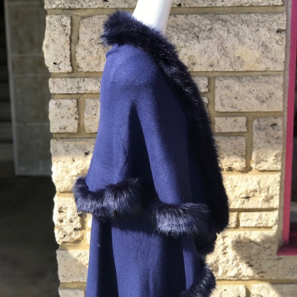 New Version! Fluffy Navy Blue double layer Faux Fur CAPE Coat - Picture 6 of 10